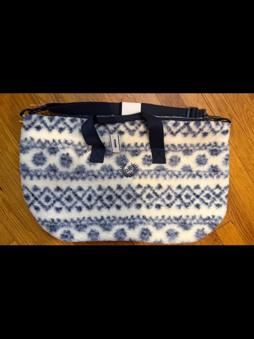 PINK Brand Cozy Faux-Shearling Tote in Navy and White